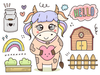 Cute Cow animal doodle drawing illustration cartoon for kids collection set