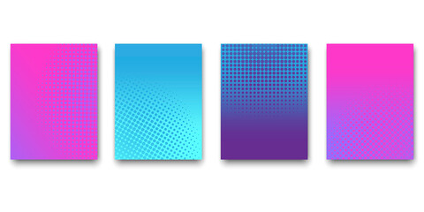 Fototapeta premium Modern poster on red backdrop. Colorful set. Flat web banner on halftone pink backdrop. Stock image. EPS 10.