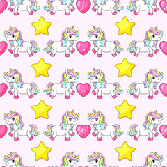 Vector image of a seamless pattern of cute unicorns in different poses with heart details.