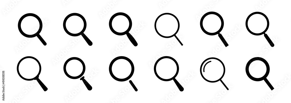 Poster Set of search magnifying glass icons. Vector flat icons for use in website, ui and apps.