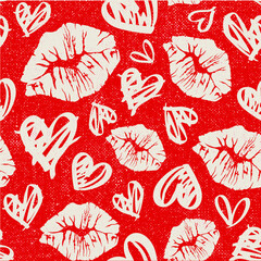 Vector image of a seamless pattern of lips with heart shapes.