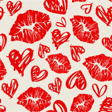 Vector image of a seamless pattern of lips with heart shapes.