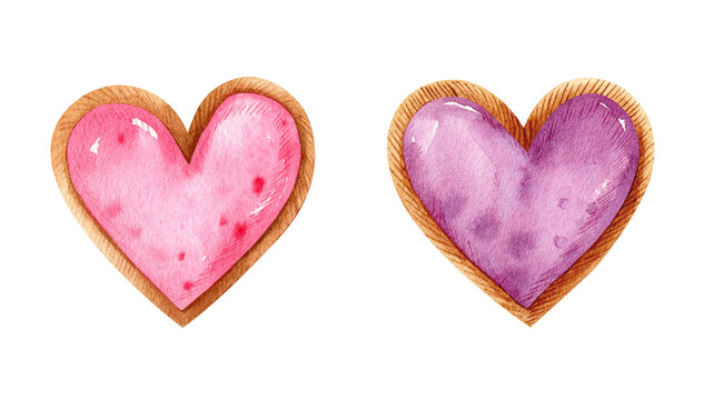 Valentine's day watercolor set with heart shaped desserts. Cookies with fruit filling and festive decor. Hand-drawn illustration. Perfect for your project, cards, prints, covers, menu, patterns.