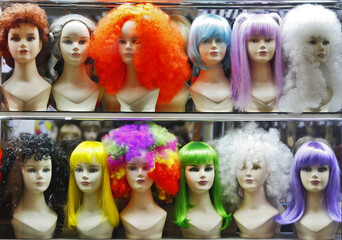 lots of multicolored female wigs on mannequin heads in a shop window 