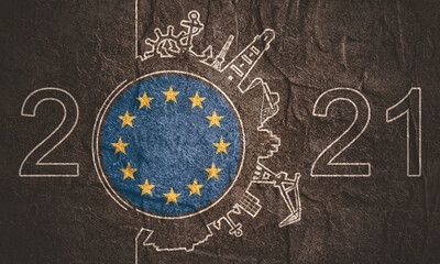 Circle with sea shipping and travel relative silhouettes. Objects located around the circle. Industrial design background. Field for text. Flag of European Union. 2021 year number