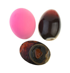 ( Top view )Century egg preserved duck eggs with slice isolated on white background.