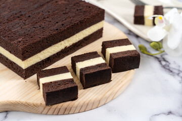 Three layer steamed chocolate cheese cake, a famous Malaysia Sarawak kek lapis