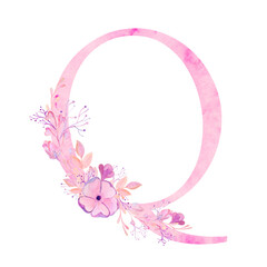 Pink letters with flowers. Romantic, delicate watercolor font. Wedding clipart on a white background.