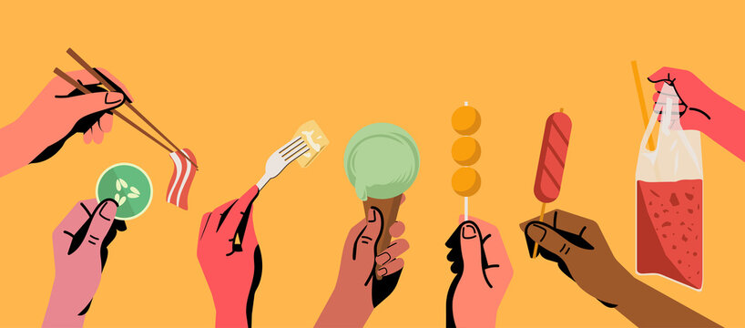 Eating Concept, Human Hands Holding Different Foods And Drinks Such As Meatball, Sausage, Ice Cream, Vector Flat Illustration