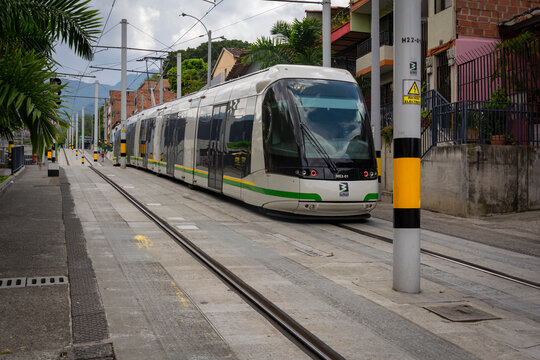 Medellin, Antioquia, Colombia. February 29, 2020. Metropl&uacute;s is a medium capacity rapid transit bus system that serves the city of Medell&iacute;n and the Aburr&aacute; Valley in Antioquia, Colombia.