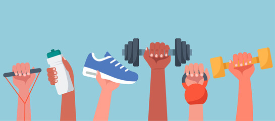 Sport exercise web banner concept, human hands holding training equipment such as dumbbells, kettlebell and resistance band, time to fitness workout and healthy lifestyle, vector flat illustration - obrazy, fototapety, plakaty