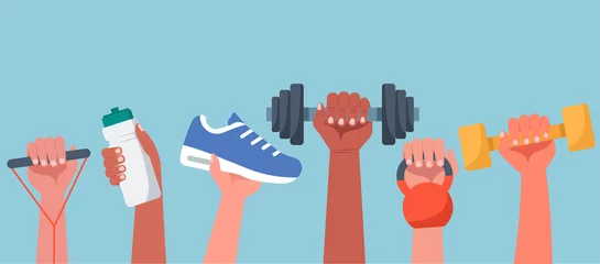 Wandcirkels tuinposter Sport exercise web banner concept, human hands holding training equipment such as dumbbells, kettlebell and resistance band, time to fitness workout and healthy lifestyle, vector flat illustration © ST.art
