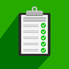 Clipboard with checklist icon on green background. - 414311751