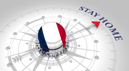 Concept of medicine. Abstract compass points to the stay home text. Flag of France. 3D rendering