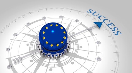 Business concept. Abstract compass points to the success word. Flag of European Union. 3D rendering