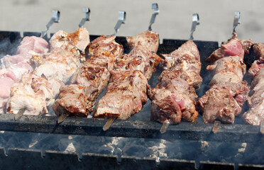 cooking shish kebab on the grill ,select focus