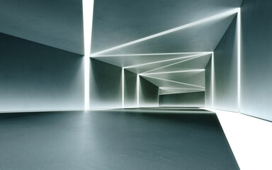 Fototapeta na wymiar Abstract interior design 3D rendering of modern showroom. Empty floor for car park and concrete corridor background.