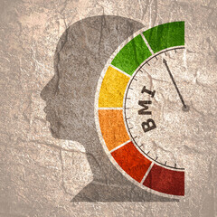 Body mass index meter read level result. Color scale with arrow from red to green. The measuring device icon. Colorful infographic gauge element. Head of man silhouette.