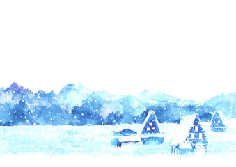 水彩で描いた合掌造りと雪景色
