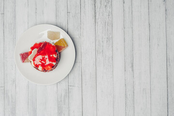 marmalade sweets diet food chocolate wooden background top view