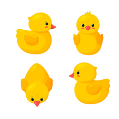Rubber ducks for bathing. Set of four yellow plastic ducks isolated in white background. Vector illustration in cartoon style