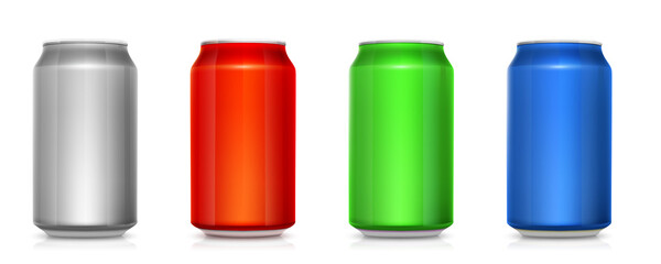 Set of realistic colored cans for beverages isolated on white background. Vector 3d illustration