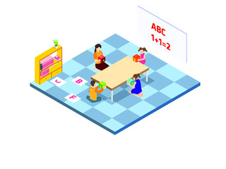 Children learning in a classroom isometric 3d vector concept for banner, website, illustration, landing page, flyer, etc.