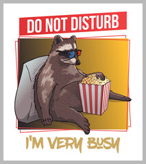 Vector illustration of fat raccoon sitting, eating popcorn and watching TV. Funny poster of relaxing raccoon