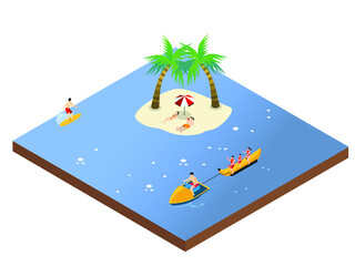 Obraz na płótnie Canvas People having fun at beach isometric 3d vector concept for banner, website, illustration, landing page, flyer, etc.