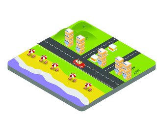 People roadtrip with cabriolet car near the beach isometric 3d vector concept for banner, website, illustration, landing page, flyer, etc.