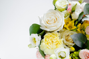 Female hands florist making a bouquet. Step by step instraction. Top horizontal view copyspace abstract pink background
