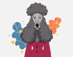 Dog portrait cartoon hand drawn, Poodle Standard wearing shirts and Leaf, Popular Dog Breeds, Vector illustration