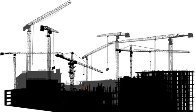large house building and eight cranes on white