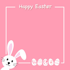 Easter card with rabbit and eggs on pink background.