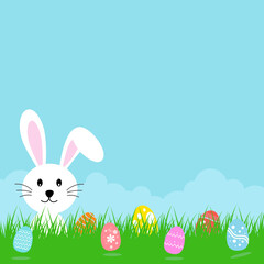 Obraz premium Happy Easter background with rabbit and eggs on blue background.