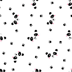 Seamless pattern with cute panda baby on white background. Funny asian animals. Card, postcards for kids. Flat vector illustration for fabric, textile, wallpaper, poster, gift wrapping paper.