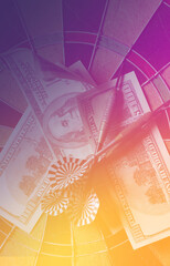 Darts and money. Pink-yellow gradient background image for targeted advertising