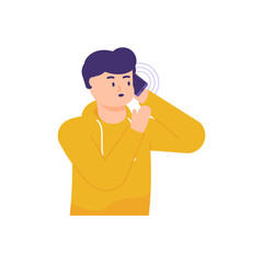 a man who whispers when he speaks on the phone. people use smartphones. people wearing hoodie jackets. flat style. vector design element
