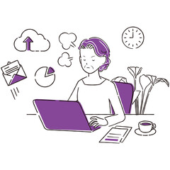 手描き1color 　リモートワーク　シニアの女性　怒る