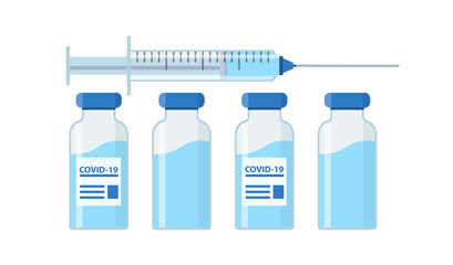 Vaccination concept. Idea vaccine injection for protection from disease covid 19. Blue Icon syringe and bottle, vaccine against corona virus. Vector flat illustration isolated.