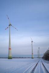 Fototapeta premium Windkraftanlagen auf einem Feld mit Schnee