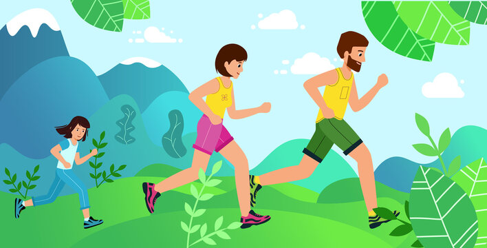 Family Jogging Exercise Together in park. Active Lifestyle and World Health Day. Parents with Children Doing Fitness. Vector illustration in modern flat style.