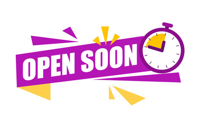 Open soon Red Speech bubble announcement. Label with alarm clock. Promotion Icon Offer. advertising sign. Vector banner in modern flat style on white.