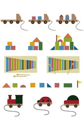 イラスト素材：木製の積み木や木琴、紐引き車など落ち着いた色合いの手描きイラストセット