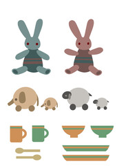 イラスト素材：ぬいぐるみや木製のおままごとセットや車輪付き動物のおもちゃの手描きイラストセット