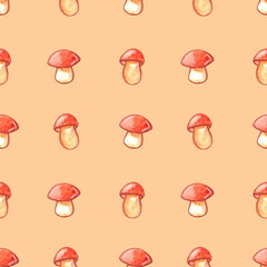 Fototapeta premium Mushrooms seamless pattern. Vegetable background, texture with brown watercolor clip art. Perfect for menu, seasonal design, packaging, home textiles, children's prints