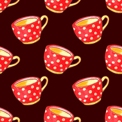 Seamless pattern with red polka dot cups. Watercolor Background and texture with Mugs from hot drink. Hand drawn kitchen supplies. Perfect for packaging, home decoration, textile, menu, cafe