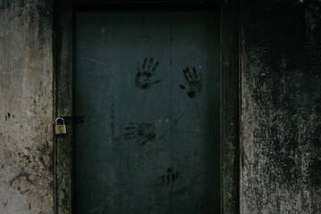 Creepy old house back door locked, dirty hand marks on the wooden door, walls has not painted in years, concept of poverty in village life.