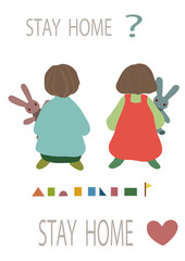 木製の積み木、ぬいぐるみなどのおもちゃと子供の落ち着いた色合いをしたポスター風手描きイラストセット（楽しい雰囲気をイメージしたステイホーム用に）