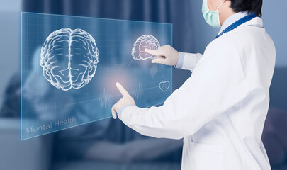 doctor examines hologram of brain health of mental patient